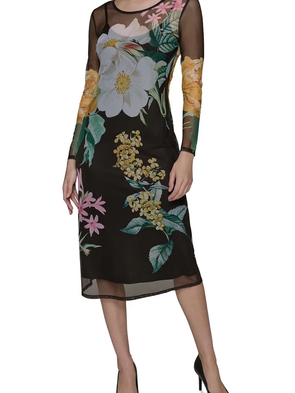 Karl Lagerfeld Paris Women's Mesh Floral-Print Long Sleeve Midi Dress size M NWT